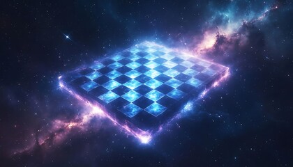 Glowing checkered board floating in a starry nebula. Abstract cosmic chess or game concept. Digital art for science fiction or gaming theme.
