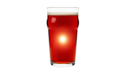 Tall glass of amber ale with white foam against a black background