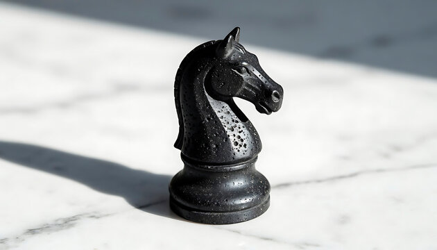 Black knight chess piece standing on a white marble surface with harsh sunlight and shadow. Strategy game and intellect concept.