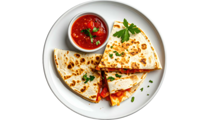 Quesadilla slices & salsa. Herbs on a white plate, view from above