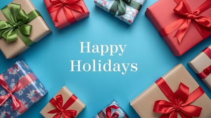 Colorful holiday presents arranged on a bright blue background with elegant ribbons and a cheerful festive message. Perfect for seasonal designs and celebrations.