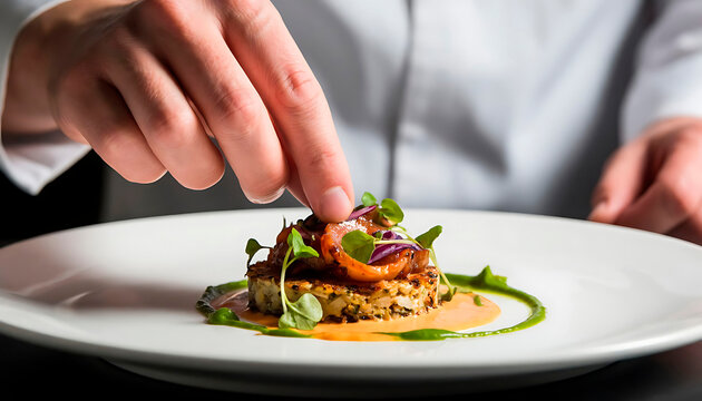 Chef plating a gourmet dish by meticulously adding microgreens to a beautifully arranged appetizer. Fine dining and culinary art concept for restaurant menu.