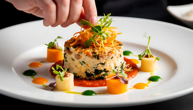 Chef garnishing a gourmet meal, culinary art and fine dining concept. Hand placing fresh greens on beautifully plated dish. - Powered by Adobe