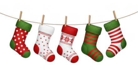 Five colorful christmas stockings hanging on a clothesline with wooden pegs, festive holiday decoration isolated on transparent background