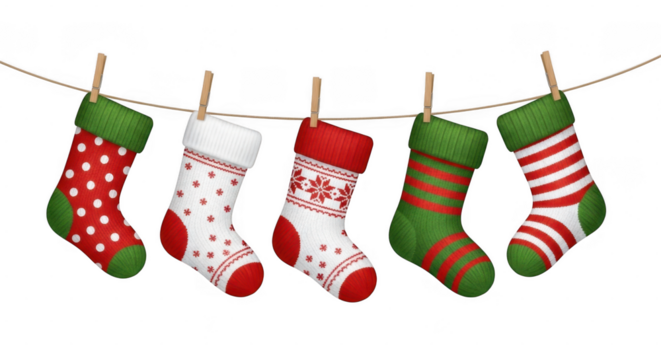 Five colorful christmas stockings hanging on a clothesline with wooden pegs, festive holiday decoration isolated on transparent background