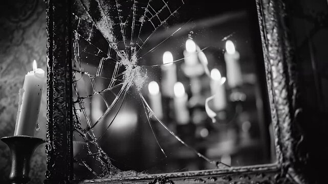 Broken mirror and burning candle inside haunted mansion spooky atmosphere