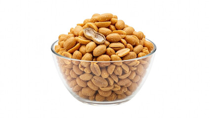 A clear glass bowl filled with roasted peanuts on a black background