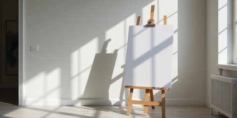 Bright interior with an easel casting shadows from sunlight through large windows.