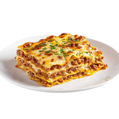 Hot lasagna on white plate on a white background