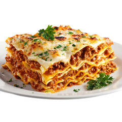  Hot lasagna on white plate on a white background