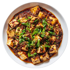 Mapo tofu, on a white background