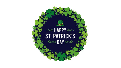 Vibrant green shamrock wreath illustration for St. Patrick's Day, featuring a festive top hat and cheerful holiday greeting, symbolizing Irish culture and luck