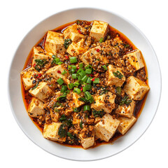 Mapo tofu, on a white background