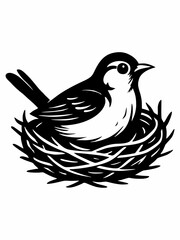 Black and white illustration of a bird sitting in a nest.