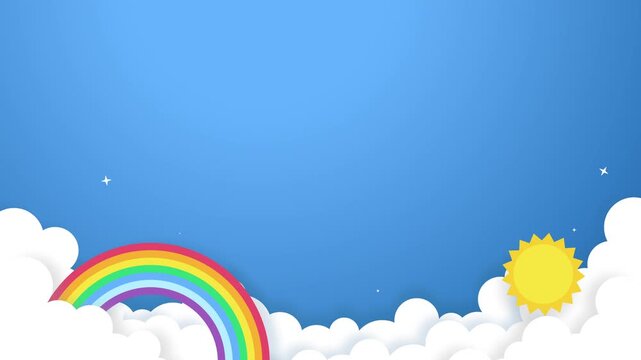 Paper cut summer day background with sun, clouds, and rainbow, featuring wide copy space. Perfect for kids content, cheerful themes, seasonal projects, and playful visuals.