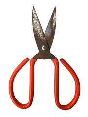Old Rusty Scissors with red handles solated on transparent background concept for Poster, website, advertising, Banner, Design Element, garden pruning.
