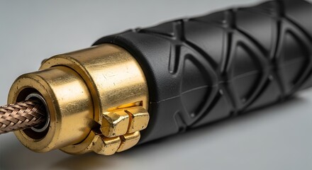 Macro Shot of Audio Cable Connector with Golden Metal and Black Grip