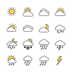 A diverse collection of flat design weather icons, representing various atmospheric conditions from clear skies to rain, snow, and thunderstorms.