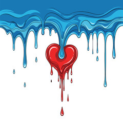 Vibrant illustration of blue liquid flowing into a stylized red heart, with red drips falling below, symbolizing emotional depth and pain.