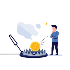 A man contemplates a golden coin placed as bait on a sharp trap, representing financial risk and temptation.
