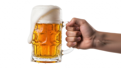 Hand holding a tall glass of frothy beer against a black background