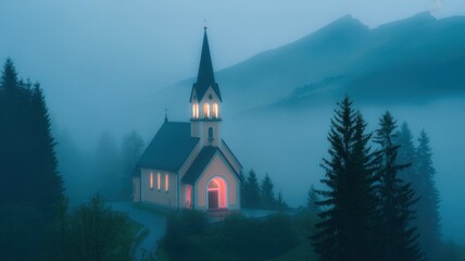 Fototapeta premium Serene Church in Misty Landscape: A solitary church stands illuminated against a backdrop of a tranquil, misty landscape, its silhouette a testament to peace and serenity.