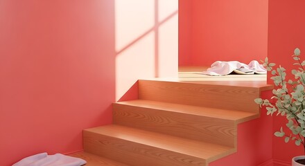 Minimalist red interior scene with wooden staircase and natural light