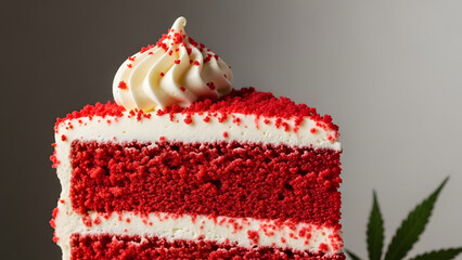 A delicious slice of red velvet cake with cream cheese frosting and a cannabis leaf.