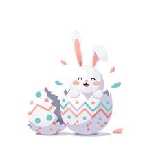 A cute white bunny happily hatches from a colorful Easter egg, surrounded by flying particles, symbolizing new beginnings and spring celebration.