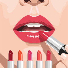Close-up of a woman's mouth applying vibrant red lipstick, with a selection of various lipstick shades arranged below, showcasing cosmetic beauty and makeup choices.