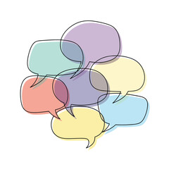 A vibrant array of transparent speech bubbles in soft pastel colors, signifying interconnected conversations, dialogue, and shared thoughts.