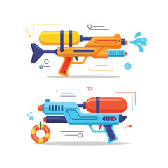 Two colorful water guns, one actively spraying water, illustrating summer fun, playful activities, and exciting water fights.