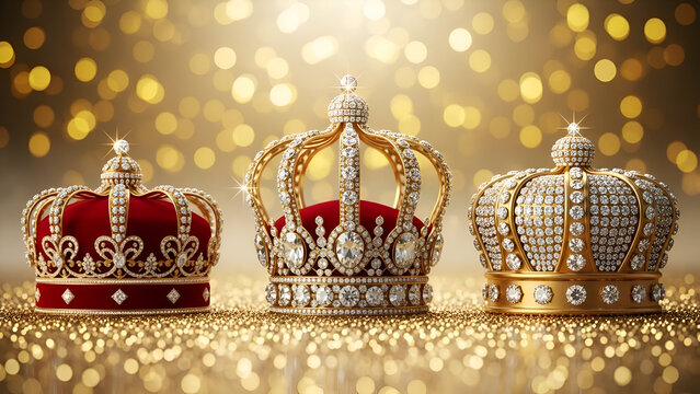 Kings epiphany dia de reyes royal crowns with gold velvet and sparkling jewels displayed on bright festive background showing luxury holiday celebration concept in cultural artwork theme for design