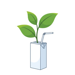 A vibrant green plant sprout and a straw rising from a white beverage carton, illustrating natural and sustainable drink concepts.