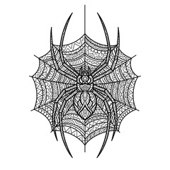 Intricate spider on a decorative web, designed for coloring books with mandala-style patterns and detailed lines, perfect for relaxation.
