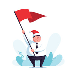 Happy businessman in a Santa hat waves a red flag, symbolizing achievement and festive spirit.