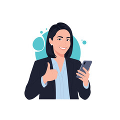 Professional businesswoman smiles, gives a thumbs-up, and holds a smartphone, symbolizing approval and digital communication.