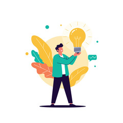 A cheerful man holding a glowing light bulb, symbolizing innovation, creativity, and the discovery of new ideas.