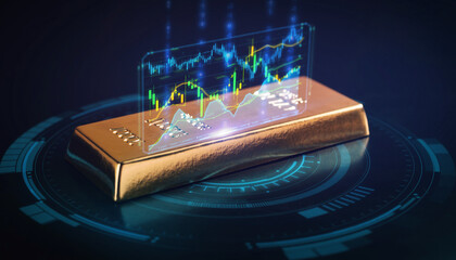 A gleaming gold bar rests atop a digital interface, with financial graphs projected above, symbolizing wealth and investment.