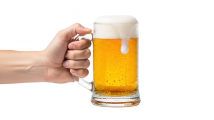 Hand holding a tall glass of frothy beer against a black background