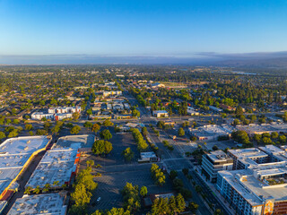 Fremont modern city center aerial view in the morning on Mowry Avenue at Fremont Blvd, city of Fremont, California CA, USA. 