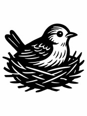 Black and white illustration of a bird sitting in a nest. © STP PICTURE