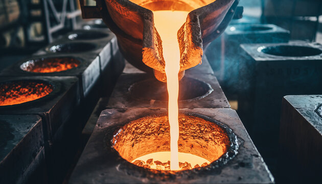 Molten metal pouring into molds during the metal casting process, showcasing industrial manufacturing and production with precision. - Powered by Adobe