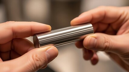 Precision Metalwork Inspection, Shiny Steel Cylinder Held in Human Hands
