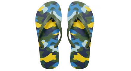 Pair of colorful camouflage pattern flip flops sandals isolated on transparent background
