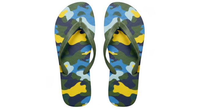 Pair of colorful camouflage pattern flip flops sandals isolated on transparent background