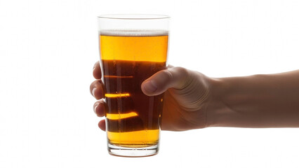 Hand holding a tall glass of golden beer against a black background