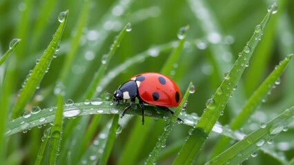 Macro shot of a red ladybug with black spots resting on a dew-covered green grass blade