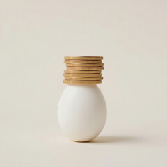 Fragile Economy Concept Lone Egg Balancing Precariously Under Stack of Gold Coins, High-Resolution Financial Risk & Investment