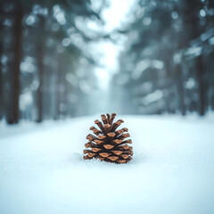 Winter Pine Cone Serenity Snow-Dusted Natural Detail on Frosted Forest Floor with Calm Bokeh Background